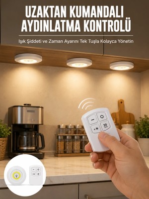 Spot Lamba LED Işık 3'lü Uzaktan Kumandalı Pilli Yapışkanlı Kablosuz Yeni Nesil