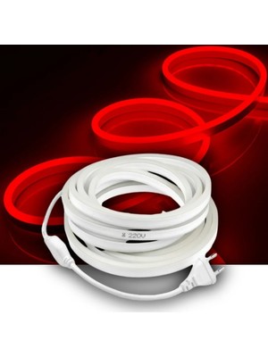 Burul 50 Metre Kırmızı Neon Şerit LED Fişli 220V Esnek Dış Mekan, Bahçe, Açık Alan Dekoratif Aydınlatma