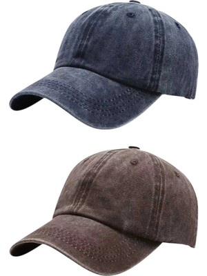 Uniquetrenders Unisex Eskitme Vintage %100 Pamuklu Ayarlanabilir Beyzbol Kep Şapka 2'li Set