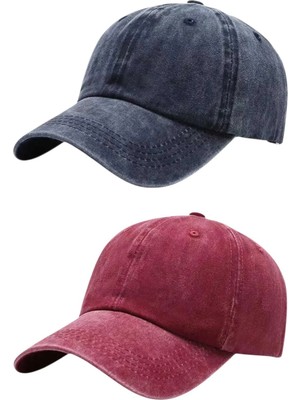Uniquetrenders Unisex Eskitme Vintage %100 Pamuklu Ayarlanabilir Beyzbol Kep Şapka 2'li Set