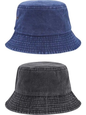 Uniquetrenders Unisex Eskitme Vintage %100 Pamuklu Bucket Kova Şapka 2'li Set