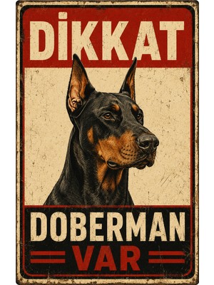 Lucena Retro Dikkat Doberman Var Metal Uyarı Tabelası Dekoratif Bahçe Kapı Levhası