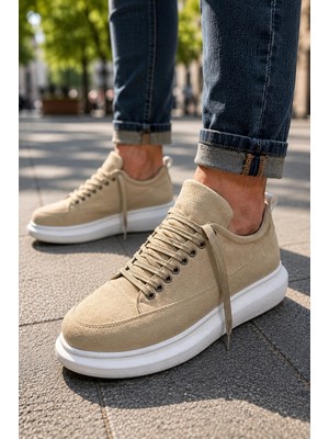 Mevese Meverk Süet Erkek Sneaker Ayakkabı – Kalın Taban Günlük Krem