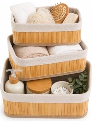 Bambu Organizer Sepet 3’lü Set – Kumaş Kaplı Dekoratif Saklama Kutusu, Çok Amaçlı Düzenleyici (Banyo, Mutfak, Dolap)