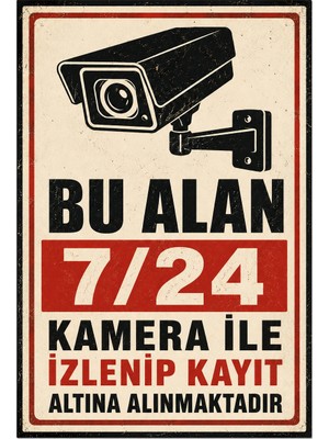 Lucena Retro Kamera Güvenlik Uyarı Levhası Metal Tabela - Bu Alan 7 24 Kamera ile Izlenmektedir