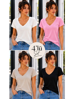 Hayalet Kadın V Yaka Kısa Kollu T-Shirt Ultra Soft Basic Bluz