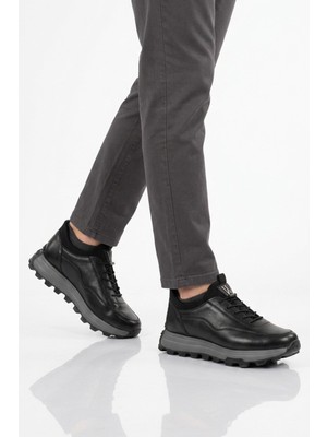 Voyager Siyah Premium Hakiki Deri Erkek Casual Ayakkabı Memory Kalın Tabanlı Sneaker M084-2 M