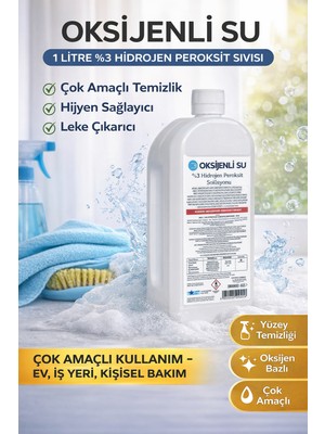 Bezos Oksijenli Su 1 Litre %3 Hidrojen Peroksit Solüsyonu Çok Amaçlı Temizlik ve Hijyen Sıvısı 1 Adet