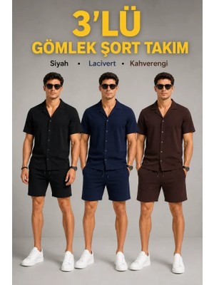 Nemere Erkek 3’lü Krep Kumaş Cepli Gömlek Şort Takım Kısa Kollu Bağcıklı  Siyah , Lacivert , Kahverengi
