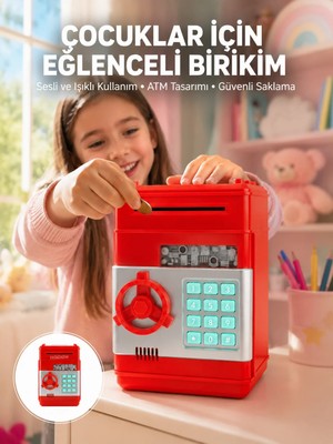 Meks Şifreli Kırmızı Atm Tasarımlı Çelik Kasa Görünümlü Kumbara