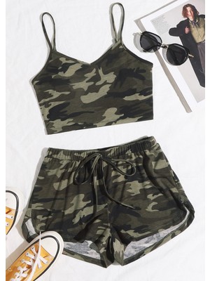 Nurton Kadın Kamuflaj Desenli Askılı Crop Top ve Şortlu Gecelik Takım H110440