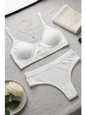 Nurton Kadın Ekru Çıkarılabilir Pedli Fitilli Dantelli Bralet Takımı
