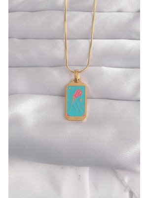 Nurton 316L Çelik Gold Renk Mavi Mineli Tarot Kolye 5886