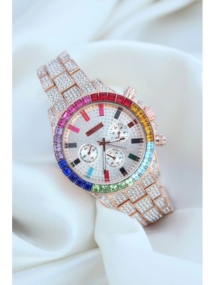 Valor Clariss Trend Rose Metal Kordonlu Zirkon Taş Kaplama Renkli Taşlı Kasa Tasarımlı Lüx Kadın Kol Saat