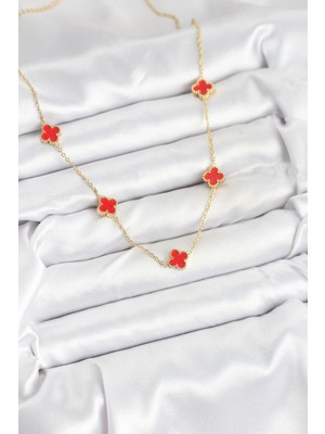 Nurton 316L Çelik Zincir Gold Renk Kırmızı Baby Boy Yonca Kadın Kolye 5886