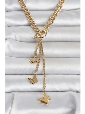 Nurton 316L Çelik Gold Renk Kelebek Sallantılı Kadın Kolye 5886