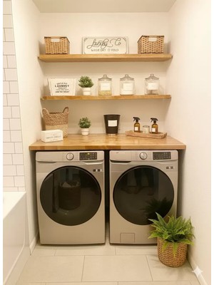 Kumsal Concept %100 Masif Ahşap Çamaşır Makinesi ve Kurutma Makinesi Üstü ve Duvar Rafları 120X60CM