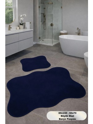 Modernsoft Velmora Lacivert Yumuşak Yüzeyli Deri ve Kaymaz Tabanlı Modern Banyo Paspası Seti