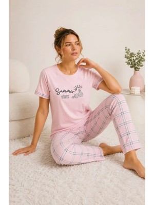 Trend Cojans Pamuklu Penye Summer Baskılı Kısa Kollu Pijama Takımı Ekose Desenli - Pembe