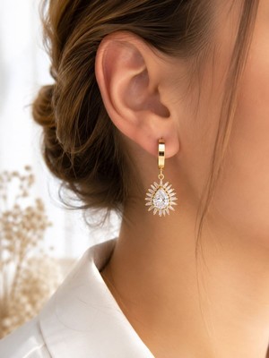 cm Jewelry Zirkon Taşlı Damla Sallantılı Gold Çelik Küpe