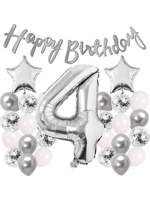 Brf Store Pmstore Patladı Gitti Gümüş Konsept Doğum Günü Kutlama Seti Beyaz Gümüş Konfetili Balon Rakam Yıldız