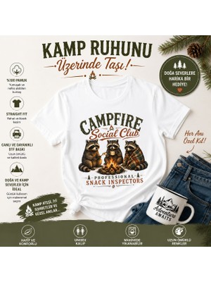 Tişört Kodu Campfire Social Club Baskılı Straight Fit Unisex Tişört – Rakun Kamp Temalı Günlük Pamuk Tişört