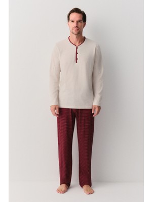 Suwen Tyler Erkek Pijama Takımı Bordo Desenli Pamuklu Konforlu Takım XL Beden