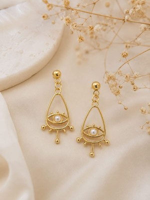 cm Jewelry Göz ve Inci Detaylı Gold Çelik Küpe