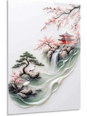 Vitraum Modern Rölyef Tarzı Japon Bahçesi ve Turnalar Sakura Cam Tablo