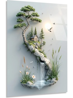 Vitraum Bonsai Ağacı Altında Küçük Dağ Evi ve Şelale Illüstrasyon Cam Tablo