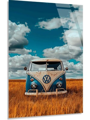 Vitraum Retro Volkswagen Minibüs ve Buğday Tarlası Cam Tablo