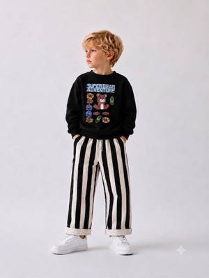 Yiğit Butik Erkek Çocuk Super Bear Adventure Baskılı Sweatshirt Çizgili Pantolon Takım