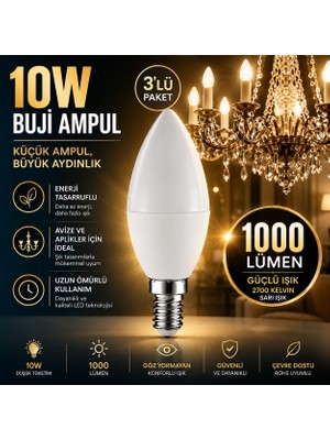 Repplam Horoz 10W Buji LED Ampul Sarı Işık 1000 Lümen Ince Duylu Ampul Mum Ampul E 14 Duylu