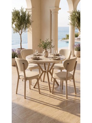 Metallion Soren Serisi Yuvarlak 90X90 cm 4 Kişilik Mutfak Masası Takımı – 1. Sınıf Masa, Baby Face Kumaş Sandalye, Metal Ayak – 4 Sandalye