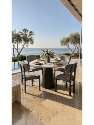 Metallion Lidya Serisi 100X100 cm 4 Kişilik Yemek Masası Takımı – Krem Soft Polar Kumaş Sandalyeli | Modern Mdf Lak Panel