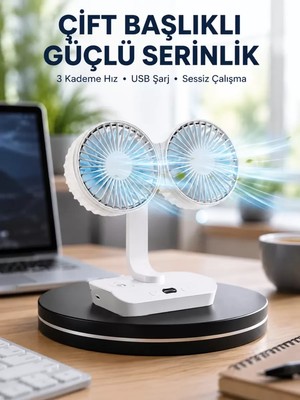 Nemere Ithalat Sessiz Çalışan USB Şarjlı Çift Kafalı Masaüstü Fan – Ev ve Ofis Için