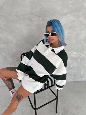 Velmora Fashion Kadın 3 Iplik Pamuklu Parçalı Yakalı Sweatshirt - Yeşil
