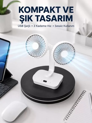 Nemere Ithalat 720° Döner Çift Taraflı Masaüstü Vantilatör – USB Şarjlı Sessiz Fan