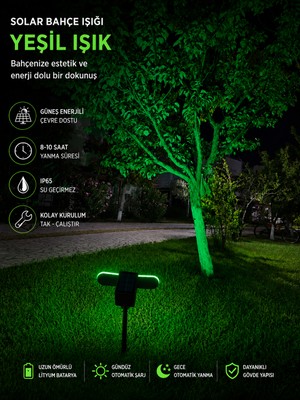 Repplam ACK 10W Yeşil Işık Kazıklı Çim Solar Armatür Duvar Armatür Güneş Enerjili Bahçe Aydınlatması Bahçe Aplik