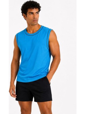 Velmora Fashion Erkek Kontrast Biyeli Kolsuz Atlet Bisiklet Yaka Yazlık Basic Atlet - Mavi
