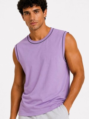 Velmora Fashion Erkek Kontrast Biyeli Kolsuz Atlet Bisiklet Yaka Yazlık Basic Atlet - Mor