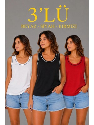 Velmora Fashion Kadın 3’lü Kolsuz Sporcu Atlet Seti Yazlık Bisiklet Yakalı - Beyaz, Siyah, Kırmızı