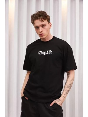 Pomeya  Unisex Bisiklet Yaka Baskılı Oversize T-Shirt - Siyah