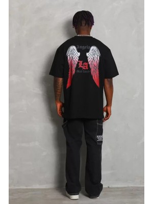 Pomeya  Unisex Oversize Baskılı Bisiklet Yaka T-Shirt - Siyah
