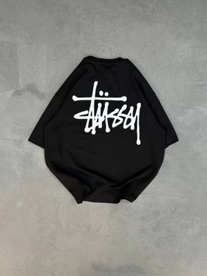 Pomeya  Unisex Bisiklet Yaka Baskılı Oversize T-Shirt - Siyah