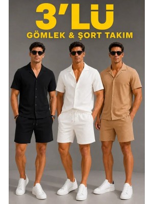 Pomeya  Erkek 3’lü Krep Kumaş Cepli Gömlek Şort Takım Kısa Kollu Bağcıklı - Siyah , Beyaz , Bej
