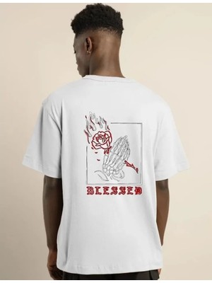 Pomeya  Unisex Bisiklet Yaka Oversize Baskılı T-Shirt - Beyaz