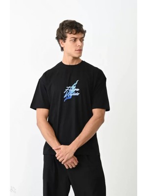 Pomeya  Unisex Bisiklet Yaka Baskılı Oversize T-Shirt - Siyah