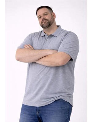 Pomeya  Erkek Pike Kumaş Düğmeli Yaka Battal Büyük Beden Günlük Kısa Kol Tişört T-Shirt - Gri
