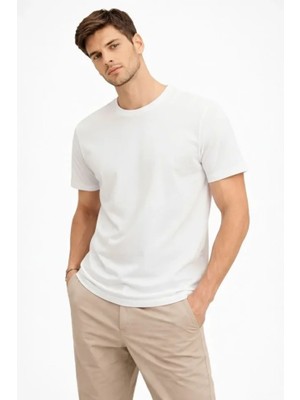 Pomeya  Erkek Bisiklet Yaka Tişört Regular Kalıp Basic Pamuklu Günlük Kullanım T-Shirt - Beyaz